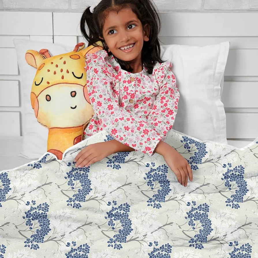 Divine Casa Floret 100% Cotton Single Kids Dohar 120 GSM Soft & Lightweight Throw Blanket Colour Grey Blue