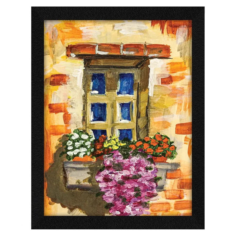 ArtX Paper Vintage House Bloomy Window Frame Wall Art Painting