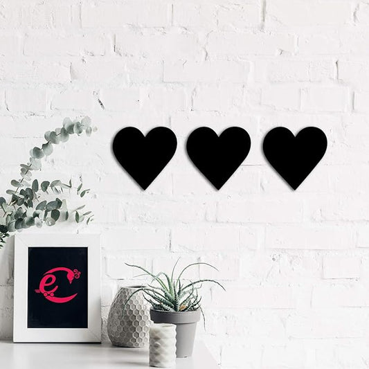 Ecraftindia Set of 3 Hearts Black Engineered Wood Wall Art Cutout | Ready to Hang Home Decor