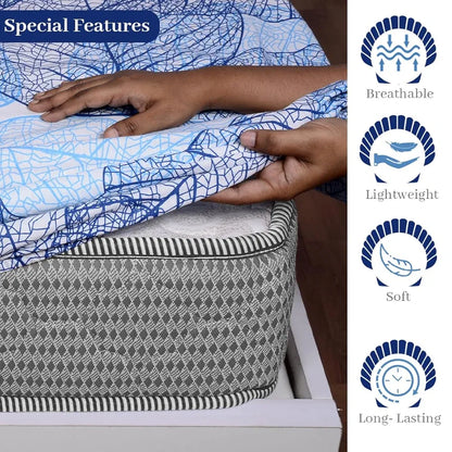 Divine Casa 144 TC Cotton Fitted Bedsheet for Double Bed Elegant Iris Print Dry Leaf Blue Elastic Fit with 2 Pillow Covers