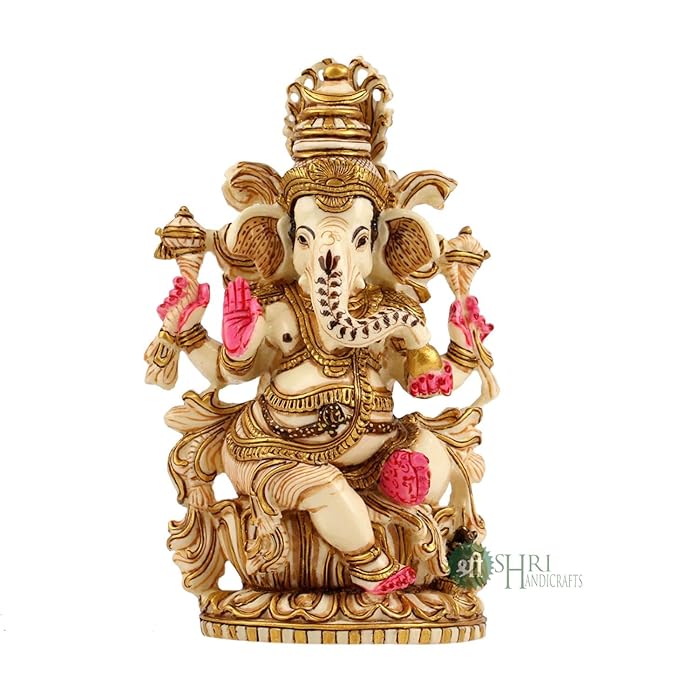 Indicast Resin 8" Inch Lord Ganesha Sitting Gold Painting Hindu God Ganesh Ganpati Idol Figurine | Home Office
