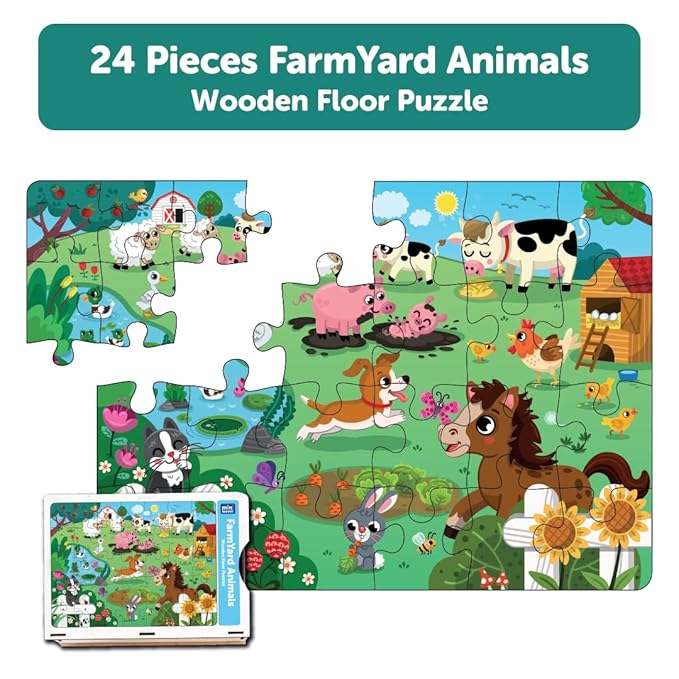 Mini Leaves 24 Pieces Farm Animal Puzzle | Premium Wooden Floor Puzzle for Kids 3+ Year | Puzzle Set With Wooden Box