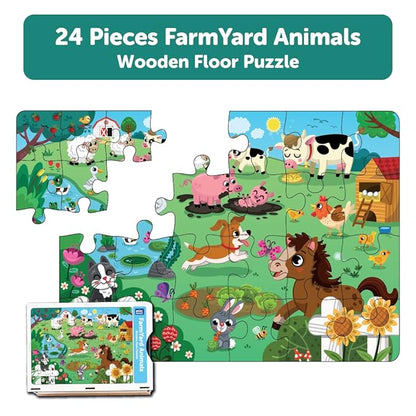 Mini Leaves 24 Pieces Farm Animal Puzzle | Premium Wooden Floor Puzzle for Kids 3+ Year | Puzzle Set With Wooden Box