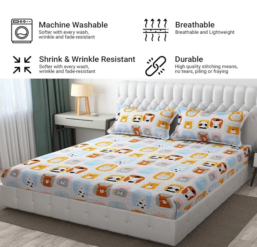 Fresh From Loom Bed Sheet with 2 Pillow Cover Cartoon Printed Double Bed King Size Kids Bedsheet for Boys & Girls Room 144 TC Multi-Color 1