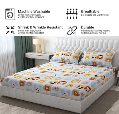 Fresh From Loom Bed Sheet with 2 Pillow Cover Cartoon Printed Double Bed King Size Kids Bedsheet for Boys & Girls Room 144 TC Multi-Color 1
