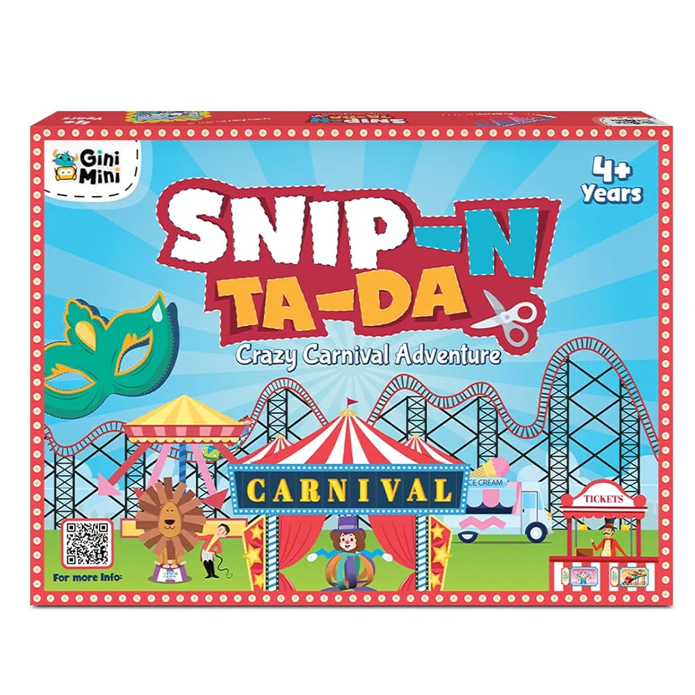 GiniMini Snip 'N' Ta-Da-Crazy Carnival – Scissor Activity Kit for Kids 4 5 6 7 | Fine Motor Development, Pre-Printed Craft Sheets, Child-Safe Snip Scissors, DIY Carnival Crafts | Fun Learning Gift