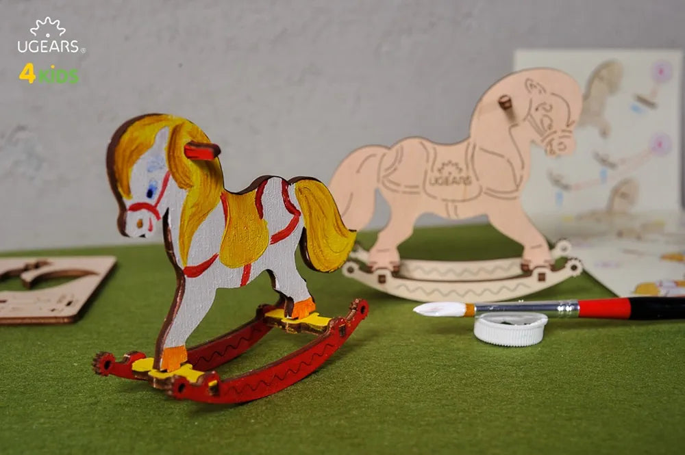 UGEARS Horse Swing - 3D Wooden Animal Jigsaw Puzzle - Coloring Kit - STEAM Learning Brain Game - Art, Coloring & Painting Game - DIY Kit for Kids 5+
