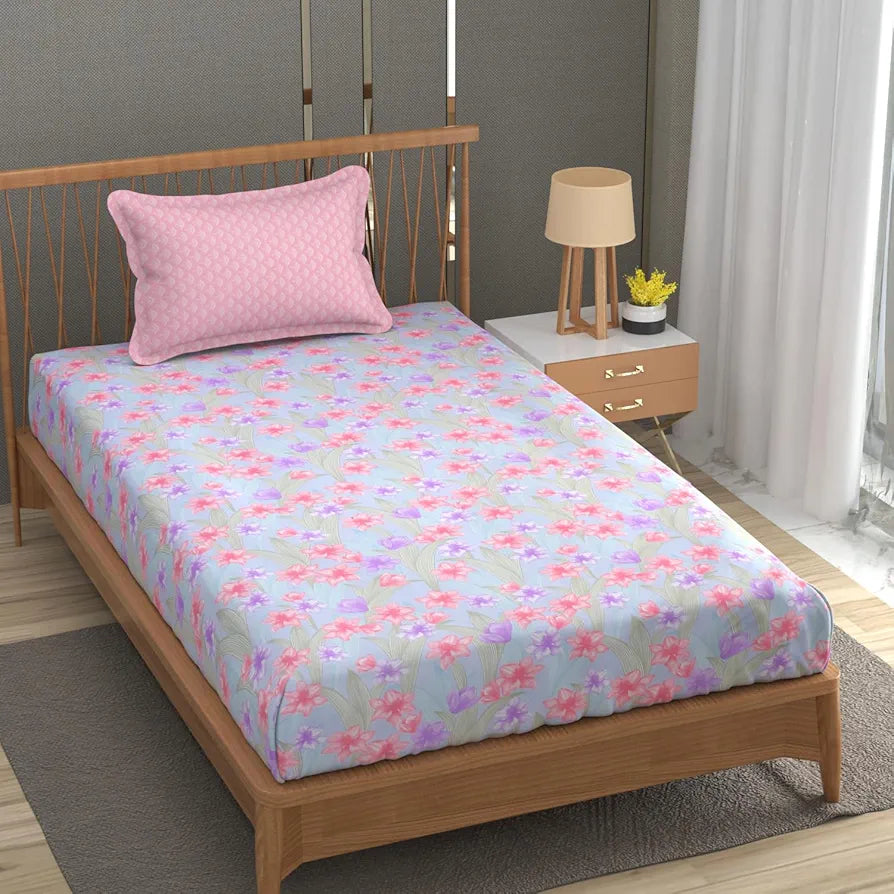 Fresh From Loom Microfiber Soft Cotton Single Bedsheet 200 TC Single Size Soft Bed Cover with 1 Pillow Cover Tropical Blue