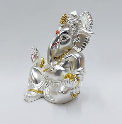 Gold Art India Matte Silver Plated Gaddi Ganesh Idol For Car Dashboard Small Ganesha Murti