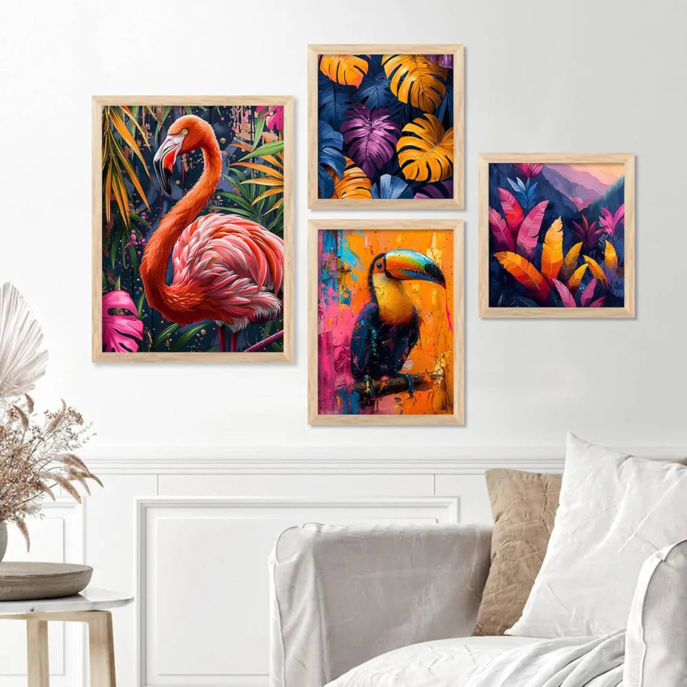 Kotart Nature Inspired Beautiful Flamingo and Botanical Leaf Paintings of 4 frames H