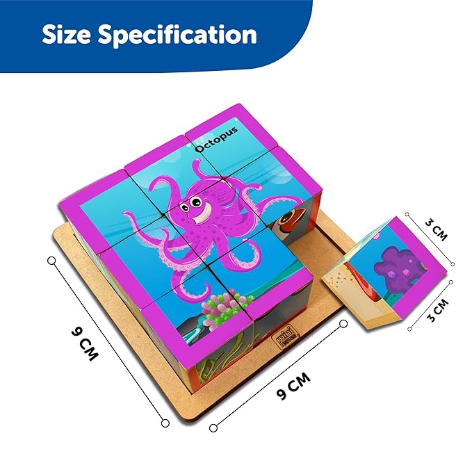 Mini Leaves 6 in 1 Ocean Animal Wooden Cube Blocks Puzzle 6 Sides With 6 Animal With Storage Tray Kids 3+ Years