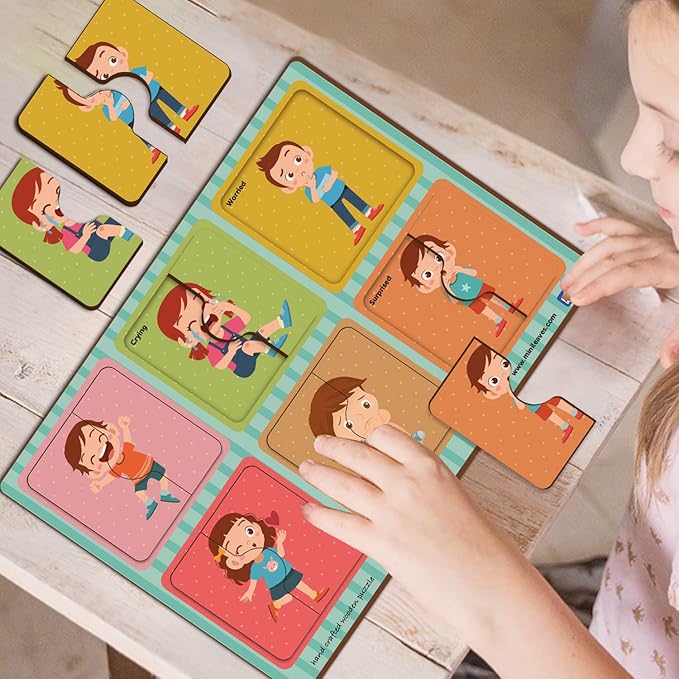 Mini Leaves 2 Pieces Wooden Puzzle for Kids | Emotions Jigsaw Puzzle | Set of 6 | Educational Toys for 2-year-old and Above