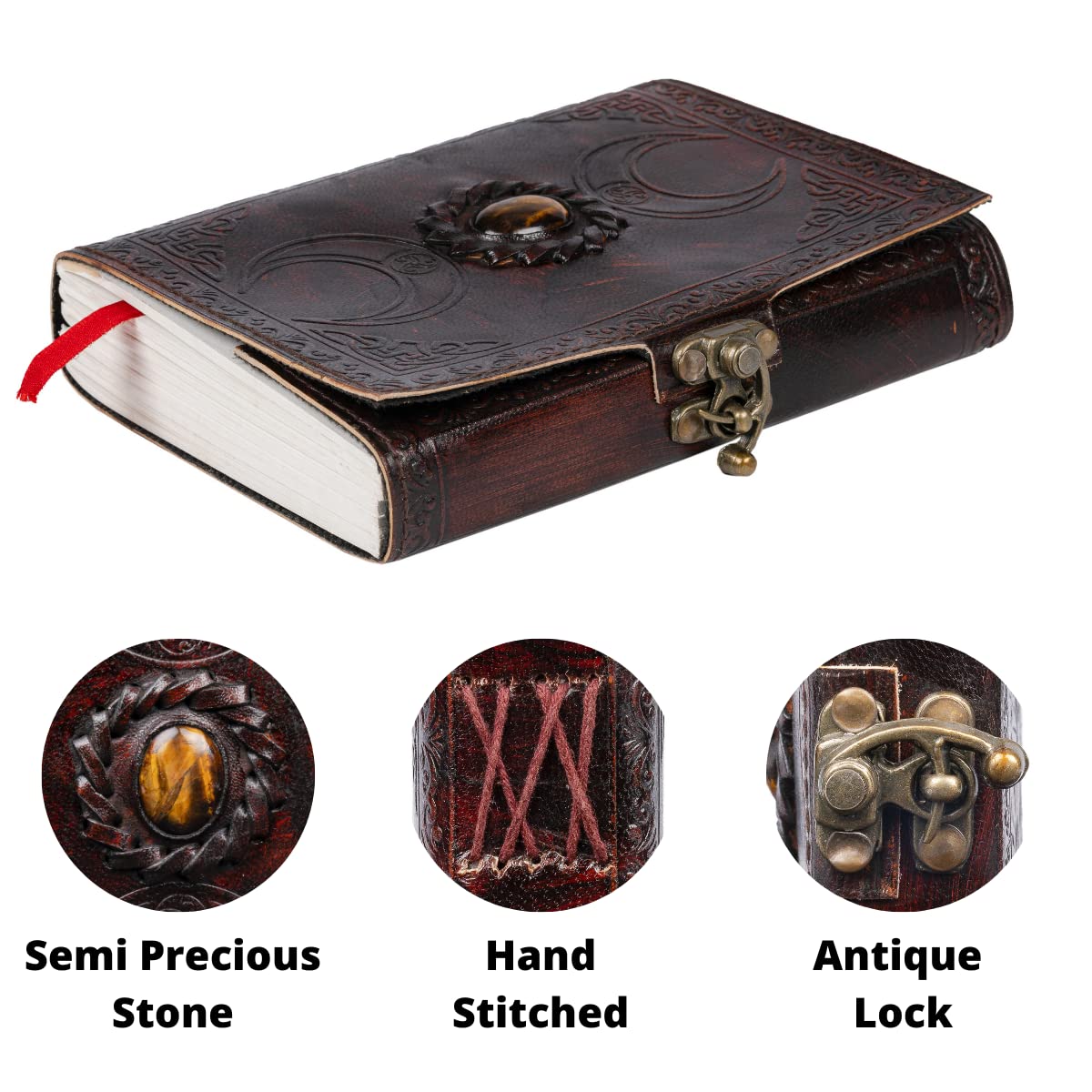 CraftShades – Leather Diary for Men & Women with Semi Precious Stone & Antique Buckle Lock, 240 Unlined 125 GSM Thick Papers Best for Artist Scrapbook, Drawing, Writing Size 5×7 inch (Brown)