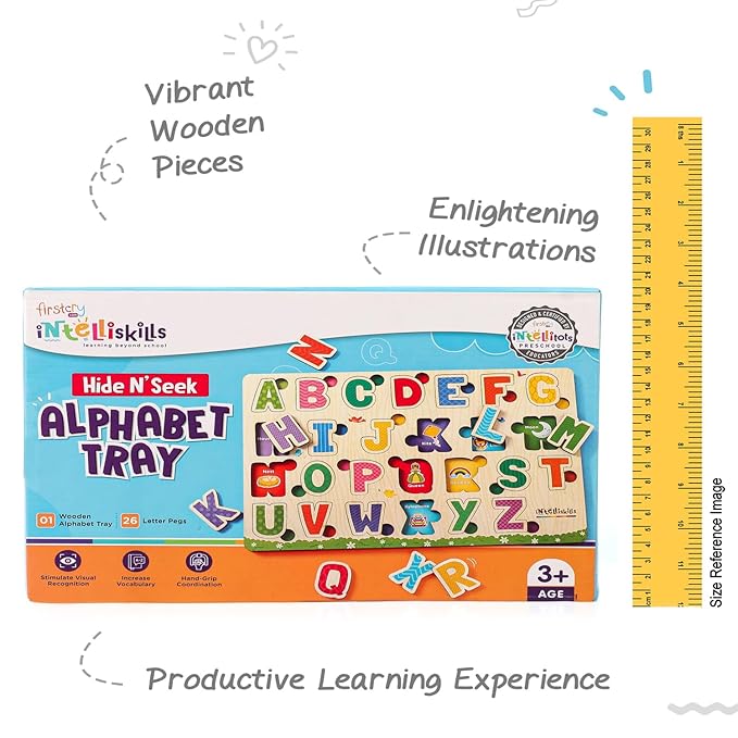 Firstcry Intelliskills Premium 26 Pieces Hide N Seek Alphabet Wooden Tray Board Puzzle | Educational and Learning Toy for Kids