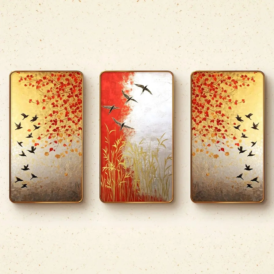 Livin'luxe Set of 3 Modern Art Madhubani Painting Premium Golden Framed Wall Paintings SG13