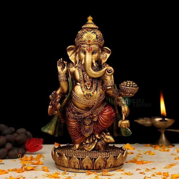 Indicast 7" Inch Cold Cast Resin Ganesh Showpiece Antique Decor | Metal Finish