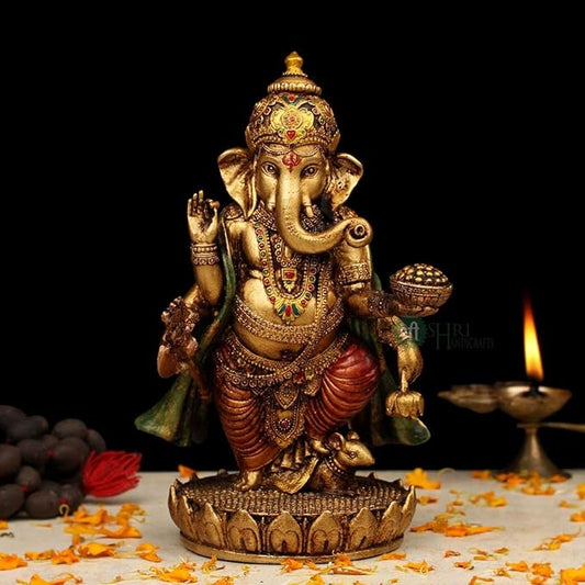 Indicast 7" Inch Cold Cast Resin Ganesh Showpiece Antique Decor | Metal Finish
