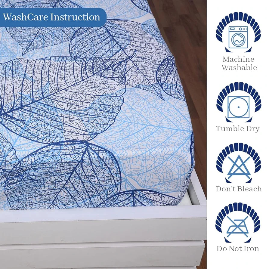 Divine Casa 144 TC Cotton Fitted Bedsheet for Single Bed 100% Cotton Floral Blue with 1 Pillow Cover Colour Iris Blue