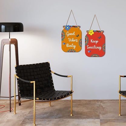 Artvibes Good Vibes Only Quote Decorative Wall Art Mdf Wooden Wall Hanger for Living Room | Set of 2
