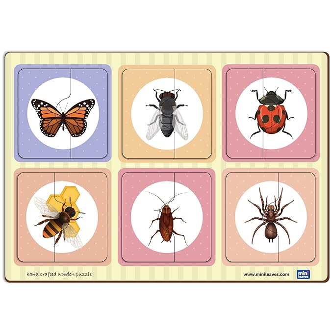 Mini Leaves 2 Piece Puzzle for Kids | Insects Jigsaw Puzzle | Set of 6 Wooden Puzzles for Kids | Educational Toys for Kids