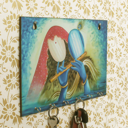 Ecraftindia Radhe Krishna Theme Wooden Key Holder With 6 Hooks