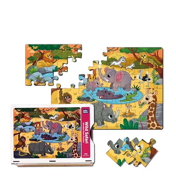 Mini Leaves 48 Piece Wooden Puzzle for Kids & Adults | Wild Safari Jigsaw Puzzle | Fun & Challenging Floor Wooden Puzzle Game