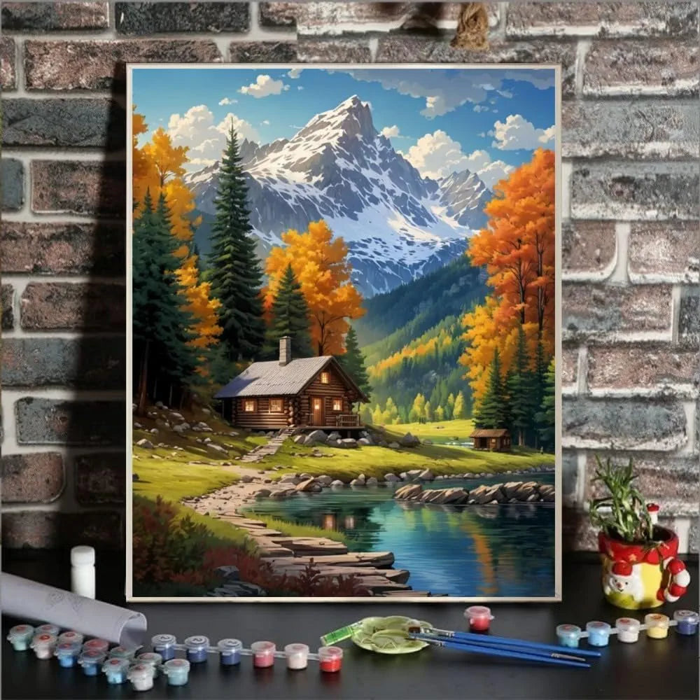 TREXEE DIY Mountain Paint by Numbers Kit for Adults & Kids Beginner Cabin Adult Paint by Number Kits On Canvas Mountain Acrylic Oil Painting Kit for Beginners Adults PNB 