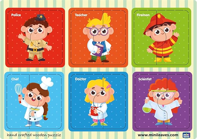 Mini Leaves 2 Piece Wooden Puzzle for Kids | Professions Jigsaw Puzzle | Set of 6 Wooden Puzzles for Kids | Educational Toys for Kids
