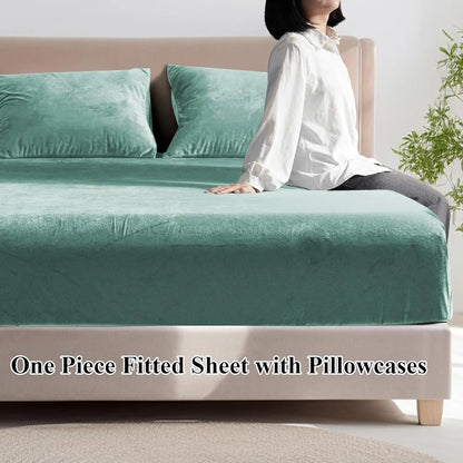 Cloth Fusion 200 TC Warm Winter Elastic Fitted Bedsheet for Double Bed King Size with 2 Pillow Covers Green