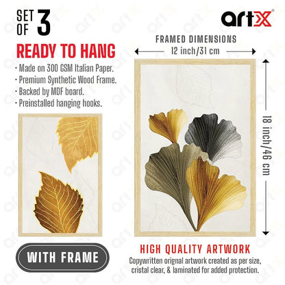 ArtX Paper Modern Art Wall Painting Big Size Leaves Framed Set Of 3