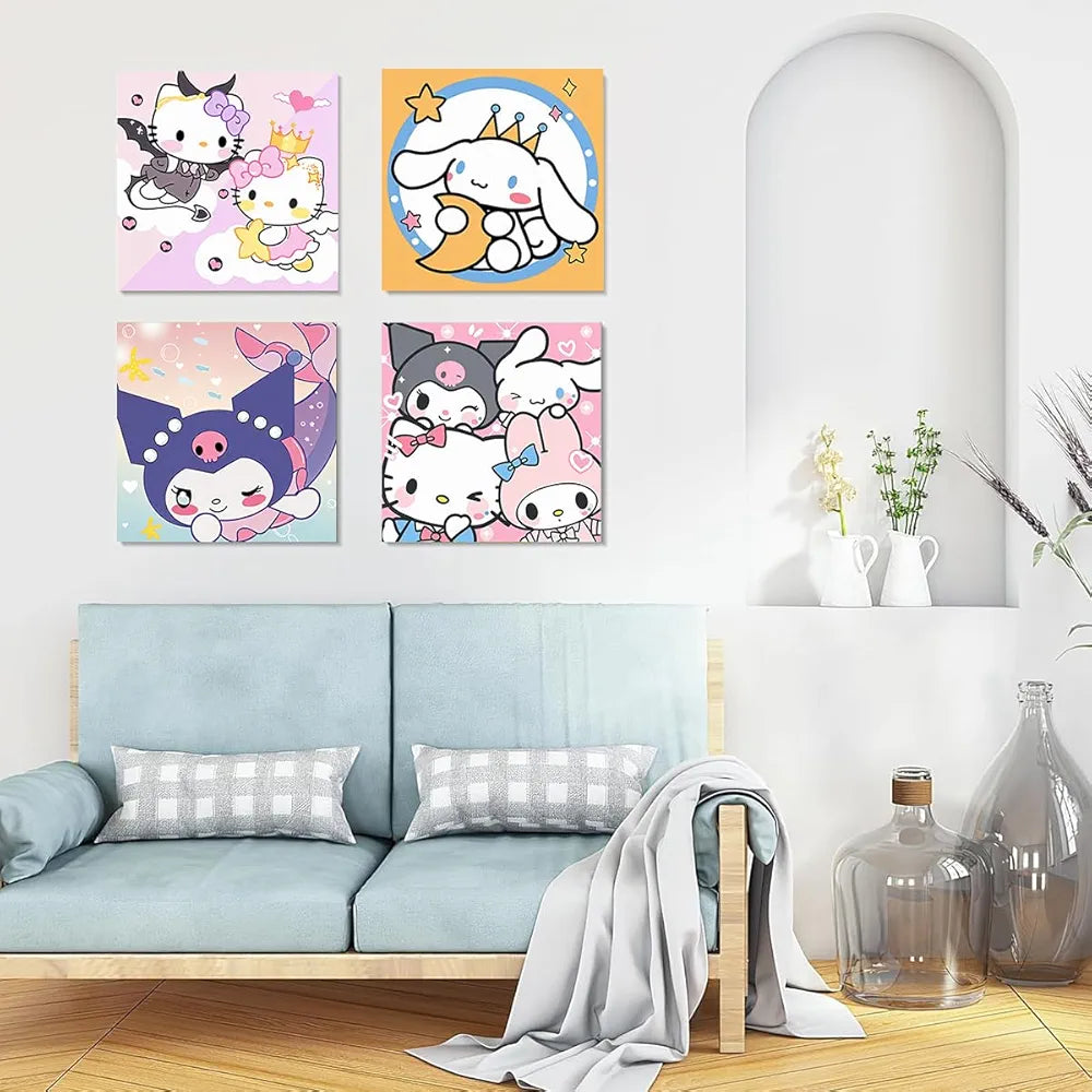 HASTHIP® 4Pcs DIY Oil Painting Paint by Numbers Kits 7.8 Inches Cartoon Sanrio Anime Framed Canvas Oil Set with Brush & Featuring Vibrant Pigments for Kids & Adult Beginners Gifting & Wall Decor
