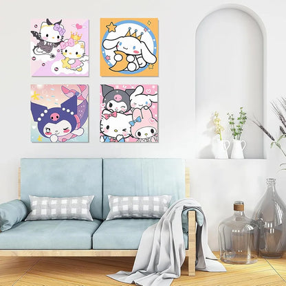 HASTHIP® 4Pcs DIY Oil Painting Paint by Numbers Kits 7.8 Inches Cartoon Sanrio Anime Framed Canvas Oil Set with Brush & Featuring Vibrant Pigments for Kids & Adult Beginners Gifting & Wall Decor
