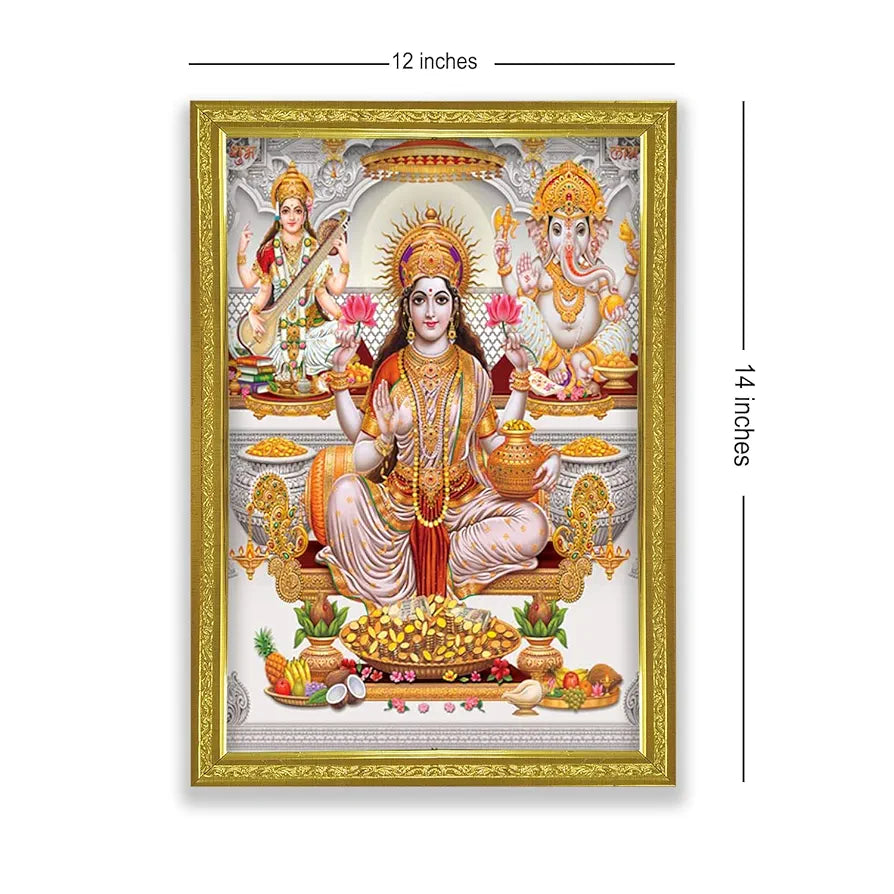 Lifehaxtore Lakshmi With Ganesha and Saraswati Photo Painting with Golden Frame for Temple - Model 2