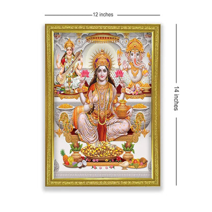 Lifehaxtore Lakshmi With Ganesha and Saraswati Photo Painting with Golden Frame for Temple - Model 2