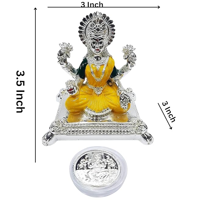 Gold Art India Pata Laxmi Silver Plated Terracotta Idol for Mandir Yellow Enamel Color Work with Silver Plated Coin Lakshmi Ji