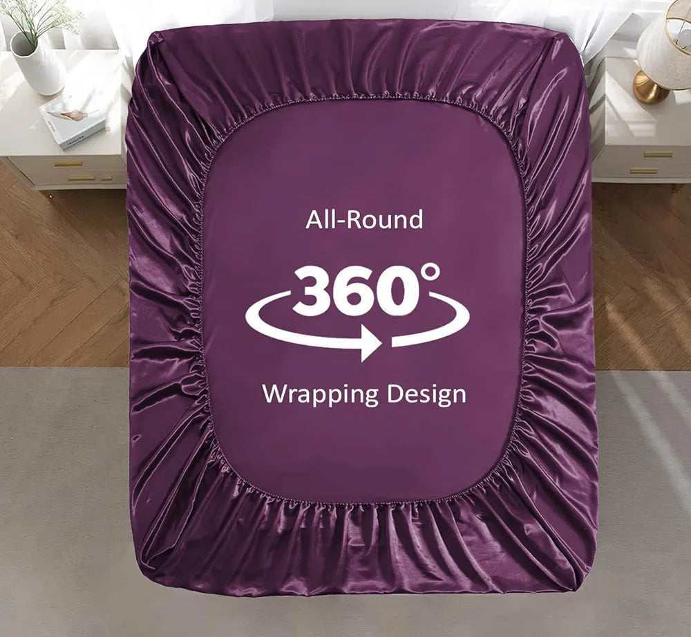 Cloth Fusion Solid 280 TC Satin Elastic Fitted Bedsheet for Double Bed King Size with 2 Pillow Covers Wine