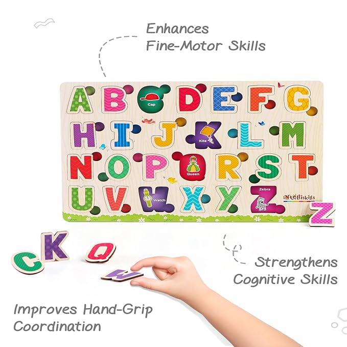Firstcry Intelliskills Premium 26 Pieces Hide N Seek Alphabet Wooden Tray Board Puzzle | Educational and Learning Toy for Kids