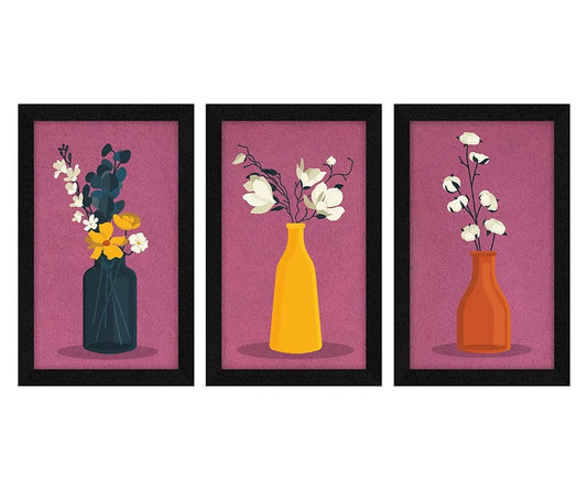 ArtX Paper Floral Vase Wall Art Painting Framed Set of 3