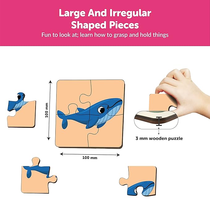 Mini Leaves 4 Piece Wooden Puzzle for Kids | Set of 6 Sea Animals Jigsaw Puzzle | Educational Puzzle Game