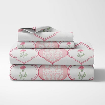 Haus & kinder Cotton Queen Size Bedsheet for Double Bed (90 X 100 Inches) with 2 Pillow Covers | 186 TC |Pink City Palette