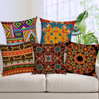 Aerohaven Jute 150 TC Vibrant Geometric & Mandala Printed Pillow Covers Set of 5