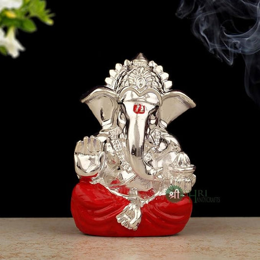 Indicast Hand Carved Silver Plated God Ganesha Resin Idol Sculpture Statue Murti for Office & and Home Decor & Gifts | Red