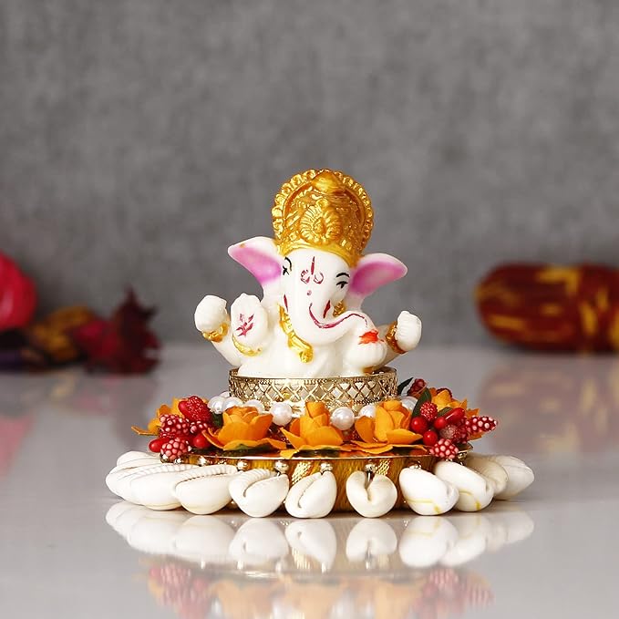 Ecraftindia Polyresin Lord Ganesha Idol on Shells and Orange Floral Decorative Handcrafted Plate