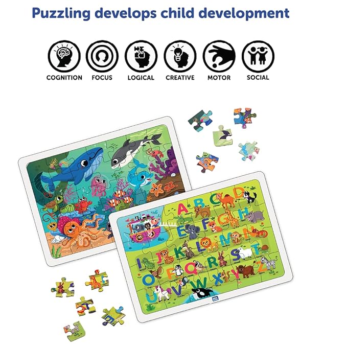 Mini Leaves 2 in 1 Combo | Premium Wooden Ocean Wonder and Alphabet Voyage Combo | Learning Puzzle Set for Kids | 59 Pieces