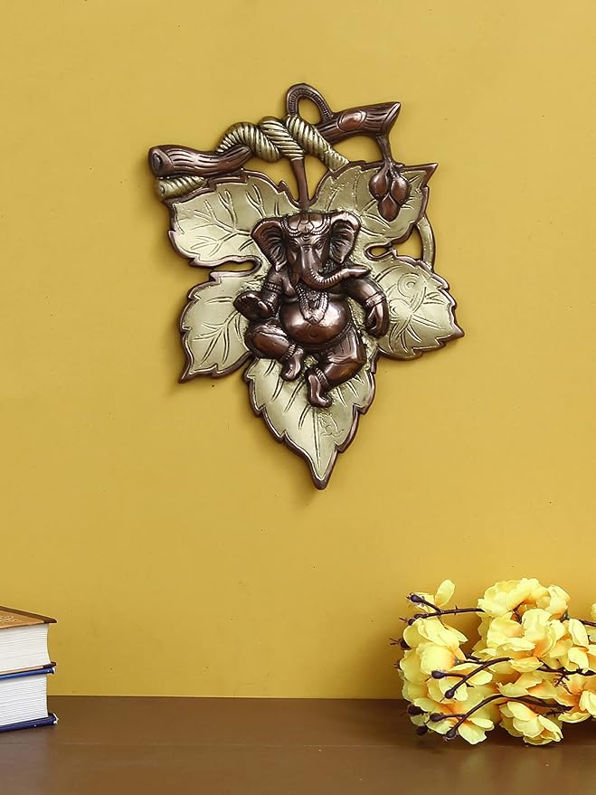 Ecraftindia Golden and Copper Finish Lord Ganesha on Creative Leaf Metal Wall Hanging | Decorative Hindu God Idol for Home