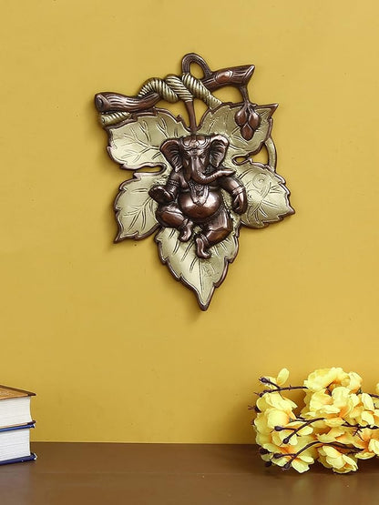 Ecraftindia Golden and Copper Finish Lord Ganesha on Creative Leaf Metal Wall Hanging | Decorative Hindu God Idol for Home