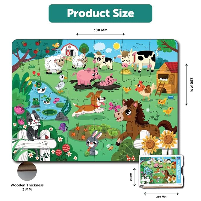 Mini Leaves 24 Pieces Farm Animal Puzzle | Premium Wooden Floor Puzzle for Kids 3+ Year | Puzzle Set With Wooden Box