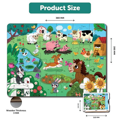 Mini Leaves 24 Pieces Farm Animal Puzzle | Premium Wooden Floor Puzzle for Kids 3+ Year | Puzzle Set With Wooden Box