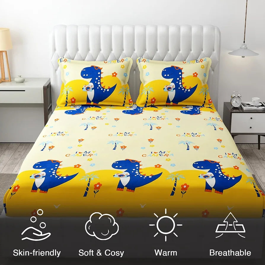 Fresh From Loom Bed Sheet Cartoon Printed Double Bed King Size Bedsheet Multicolor 144 TC Cream and Blue