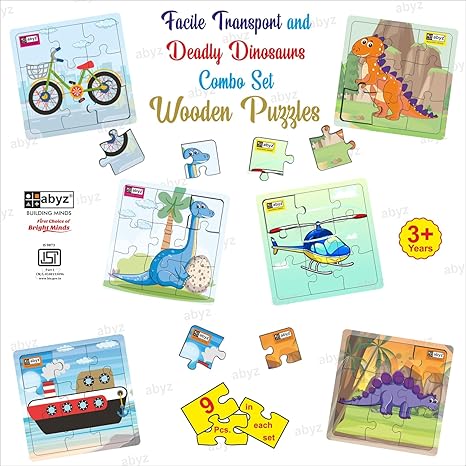 ABYZ Wooden Dinosaur and Transport (Dinosaur+Ship+Cycle+Helicopter) Puzzle 9 Pieces (Set of 6)